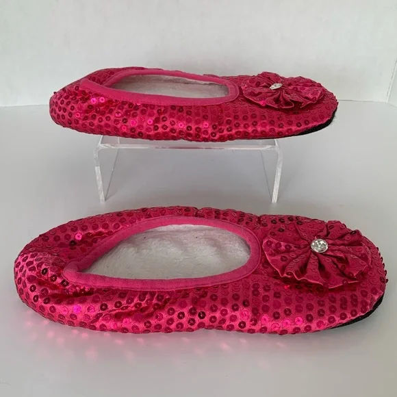 Ballet Slippers Pink Sequin Flower Clear Rhinestone Fur Lined Women's - Picture 5 of 12